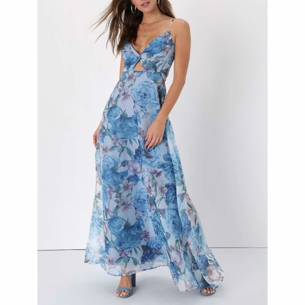 Lulus Enchanting Entrance Blue Floral Organza Keyhole Maxi Dress Size Medium NWT - Picture 1 of 12